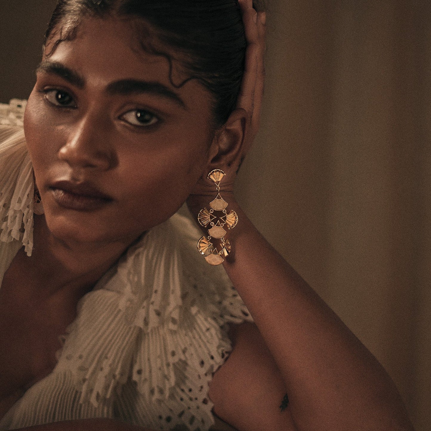 Pankha Chandelier Earrings - Gold & Mother of Pearl Resin