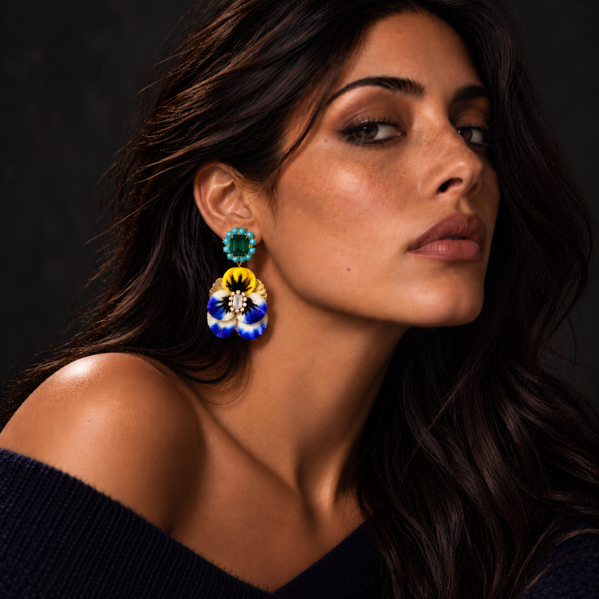 Pansy Drop Earrings - Blue & Yellow