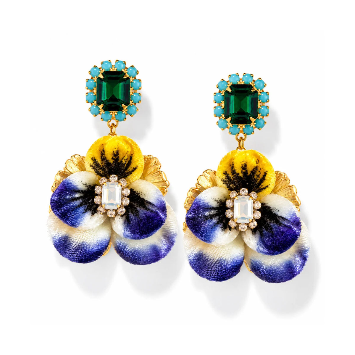 Pansy Drop Earrings - Blue & Yellow