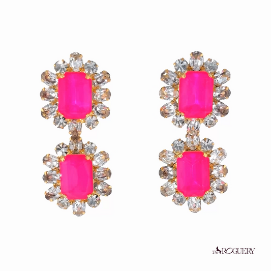 Europe Double Emerald-Cut Crystal Drop Earrings - Hot Pink