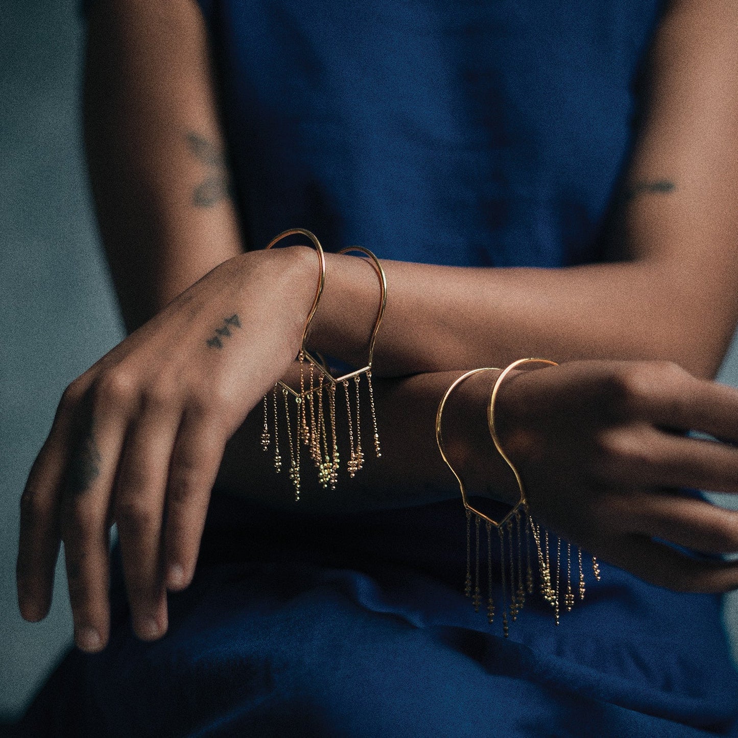 Silsila Gold Cuff Bracelet with Chain Fringe